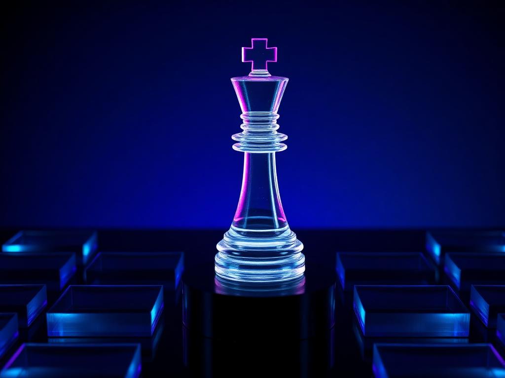 Translucent glass chess king refracting violet and cyan light