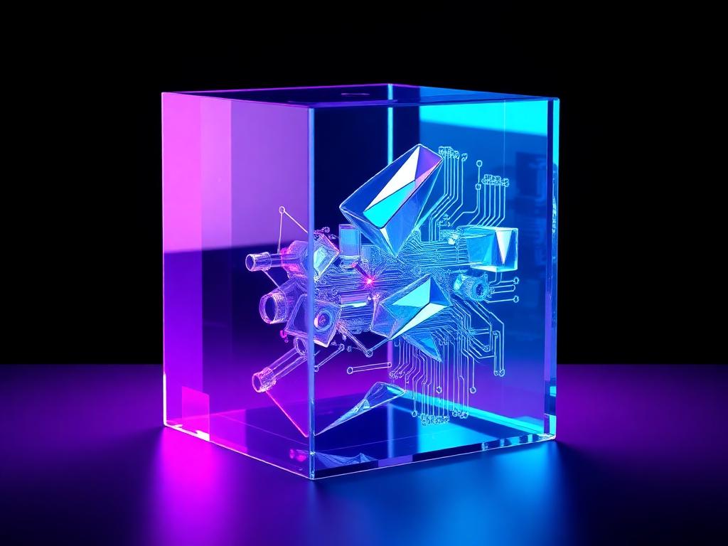 Crystalline glass cube with circuit-like shards in violet and cyan light