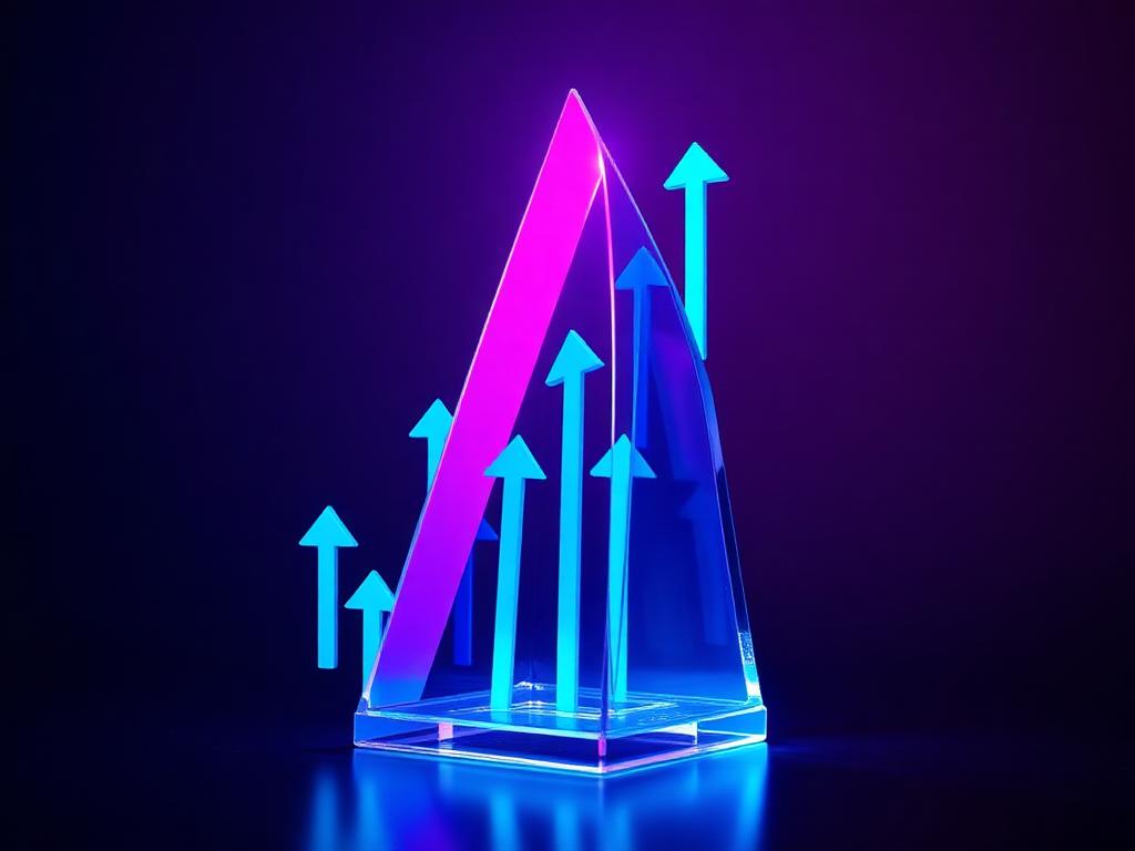 Abstract glass prism refracting violet light into rising cyan arrows