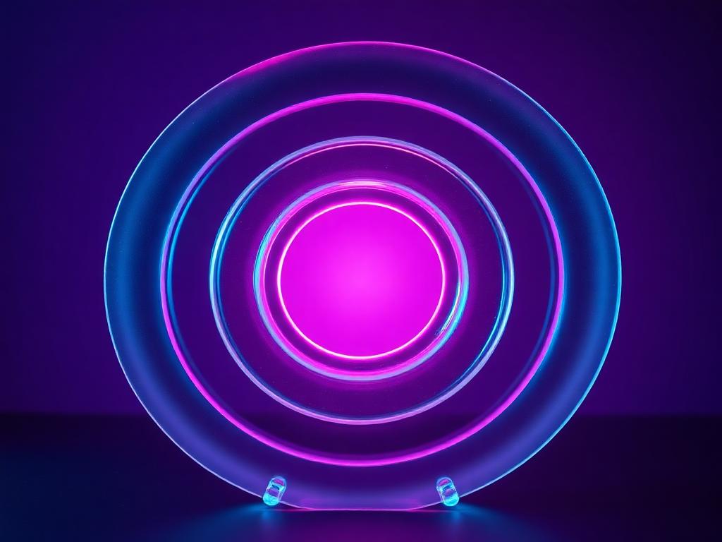 Concentric frosted-glass rings orbiting a bright violet core