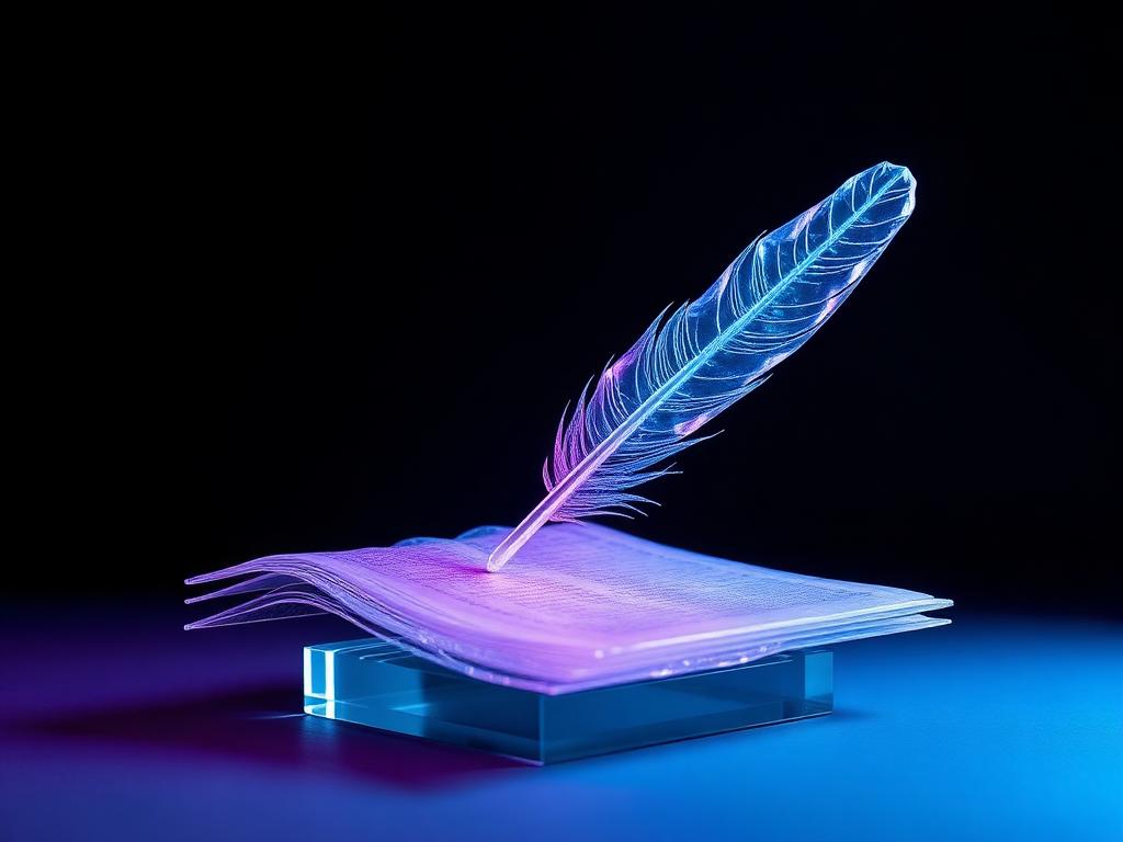 Crystalline feather quill above flowing frosted-glass pages